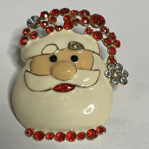 VTG Enamel Gold Tone Santa Rhinestones Christmas Holiday Brooch Pin 2"x2.25" - Picture 2 of 10